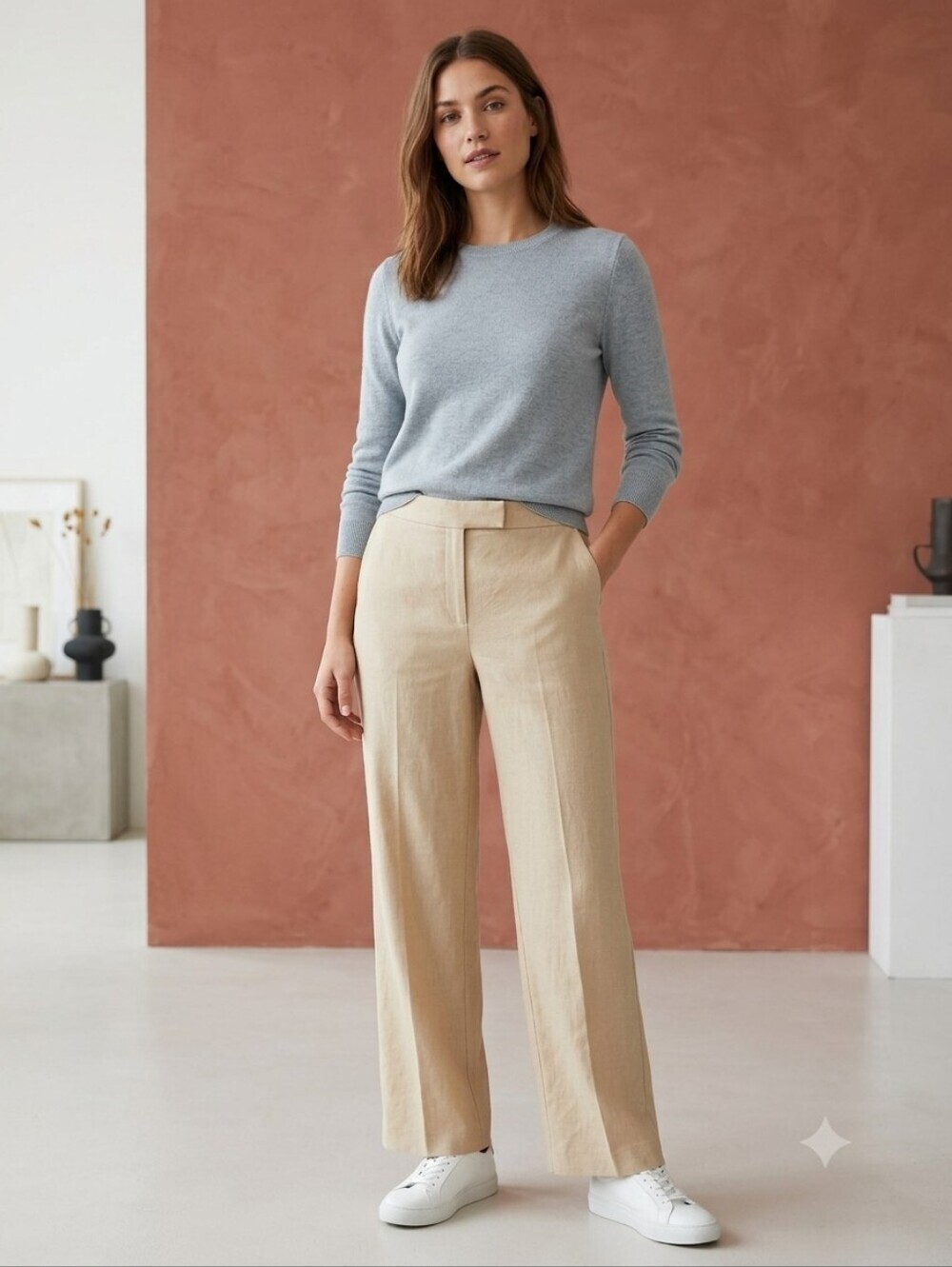 Kasper Beige Wide-Leg Linen-Blend Pants